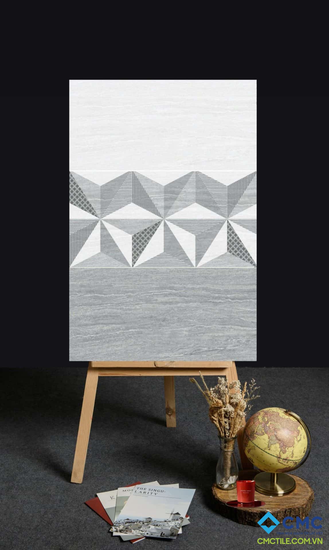 Gạch ốp tường màu xám – trắng thời thượng, họa tiết tam giác cách điệu LX 36607D